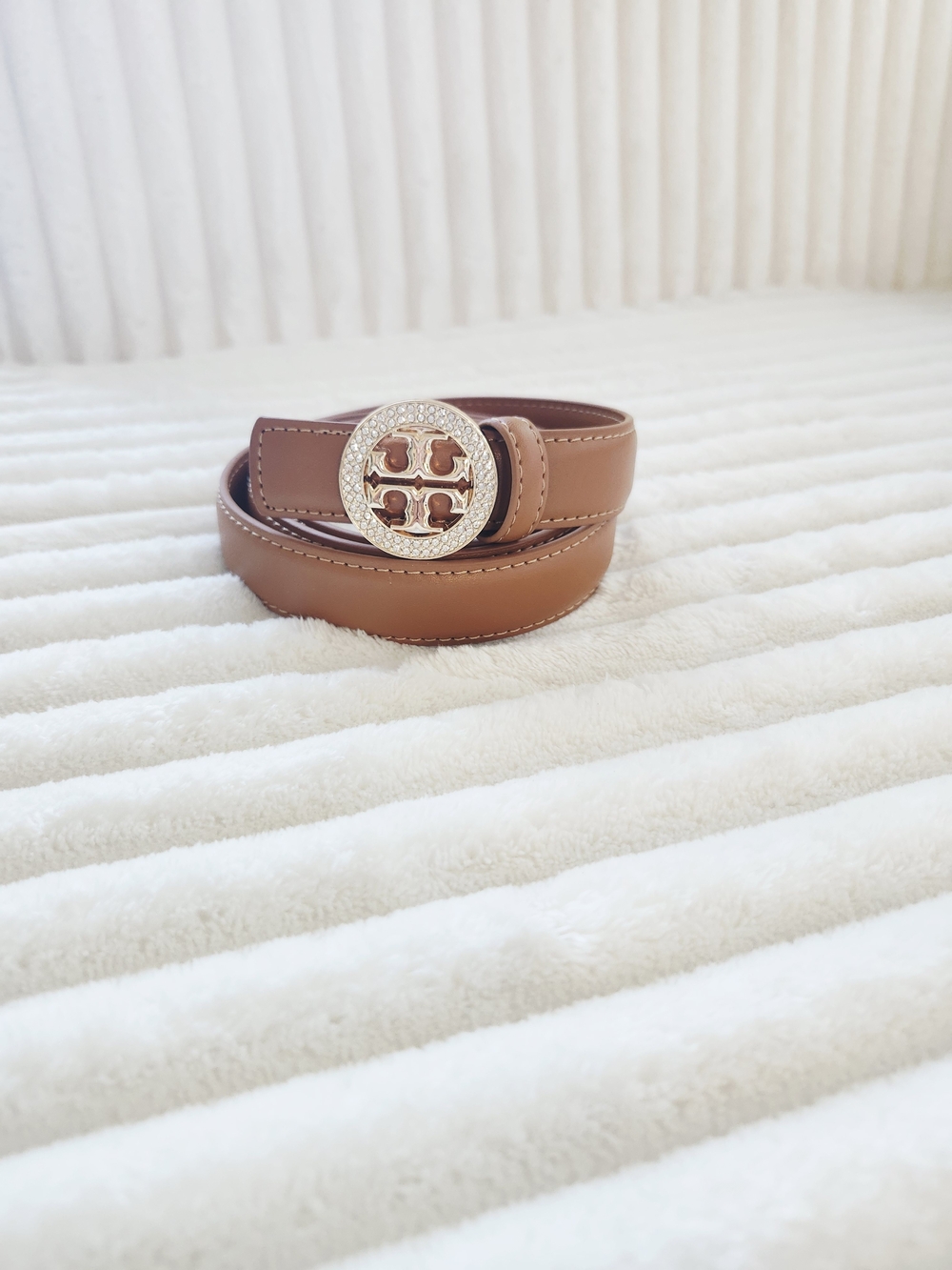 Tory Burch Cognac Leather Belt Gold Crystal Logo Buckle